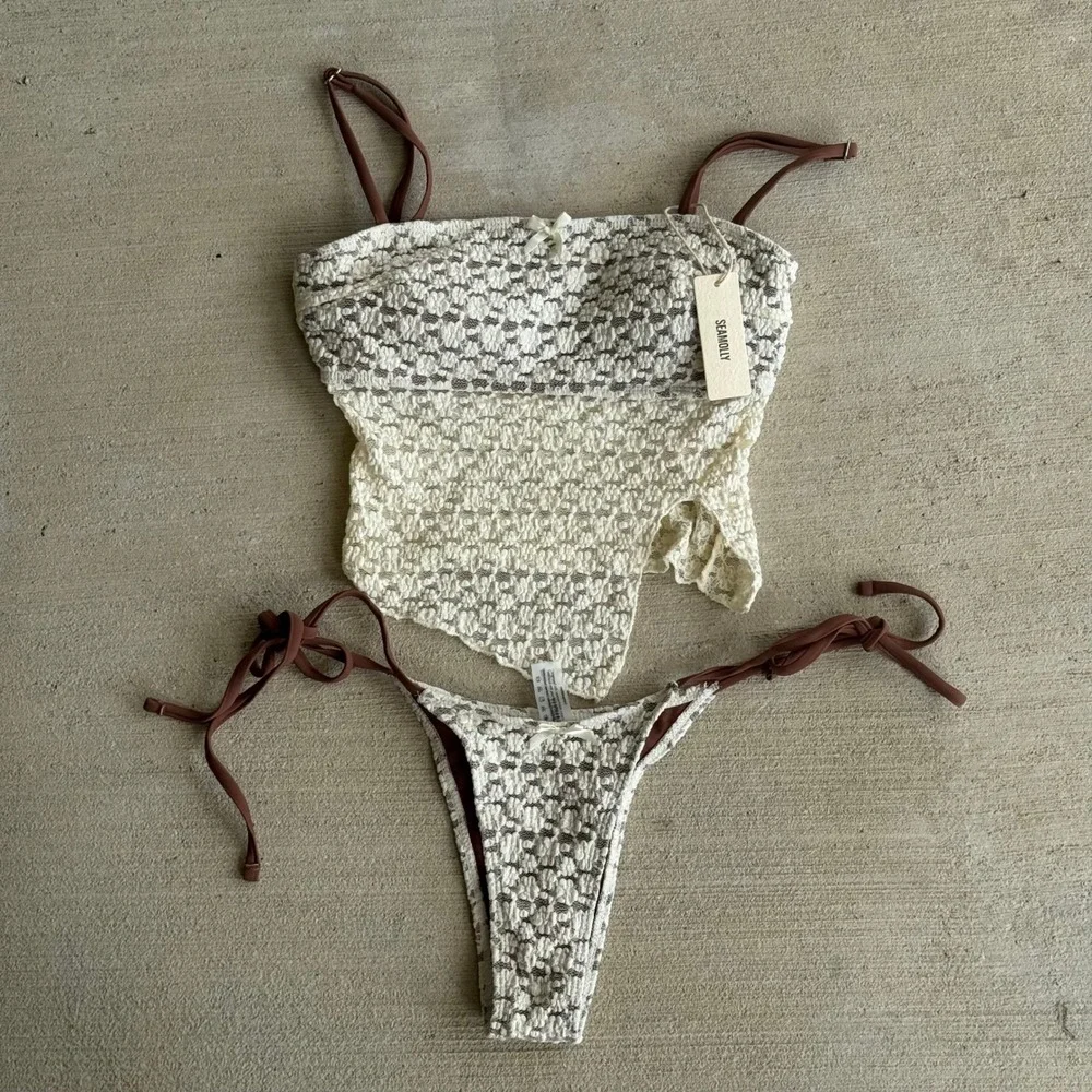 Sea Molly Floral Lace Tankini Set Women's Size XS Brown Cream Bikini